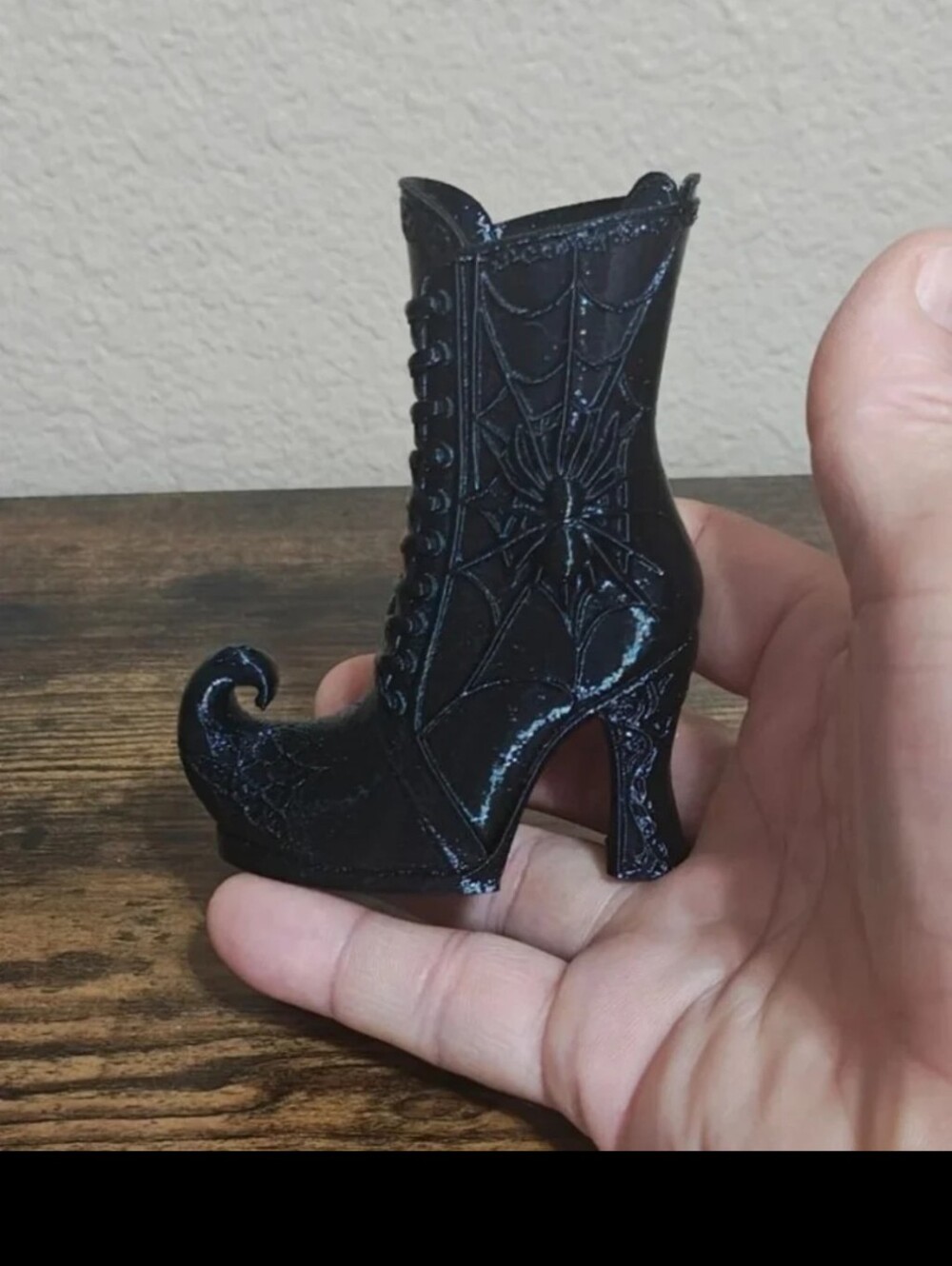 3D Printed Black Gothic Curled Toe Spider Web Witch Boot Small Vase/Holder